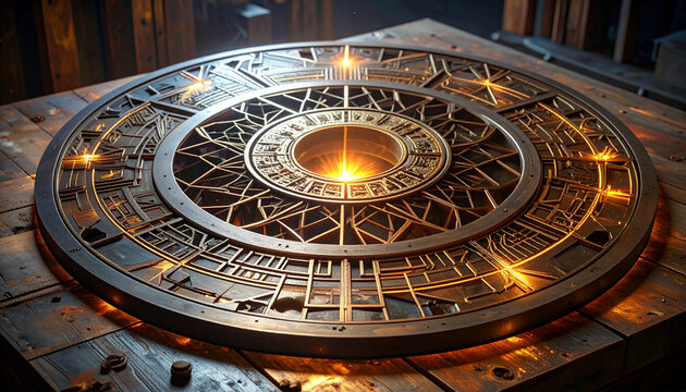 A detailed, intricate circular metallic mechanism with glowing orange lights.