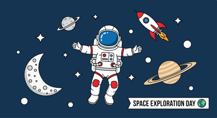 Astronaut floats in space with celestial bodies © Jeremy