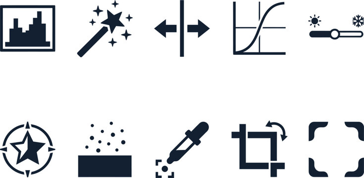 Modern digital photo editing aesthetics symbols collection showing histogram graph preset magic wand adjustment curves temperature slider vignette vectors
