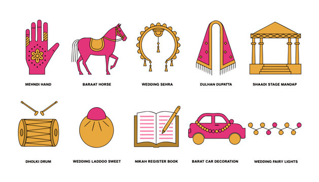 South asian wedding vector icons for mehndi ceremony