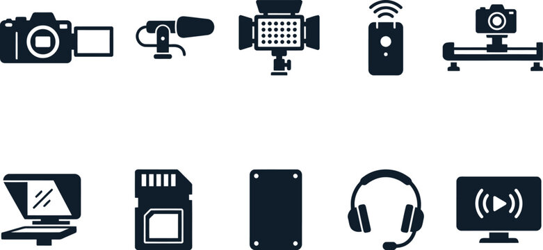 Content creator vlog essentials layout displaying camera flip screen directional microphone led panel wireless transmitter motorized slider teleprompter ssd