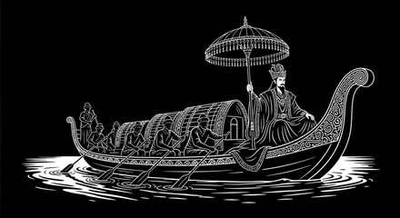 Royal figure under umbrella on traditional boat with oarsmen © bolang