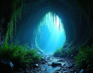 Fototapeta premium Dark cave interior with glowing blue light from opening. Rich green ferns and hanging vines grow on rocky walls. A wet path leads towards the bright exit.