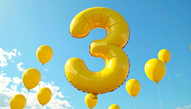 A large yellow number three balloon floats among smaller yellow balloons in a bright blue sky with white clouds.
