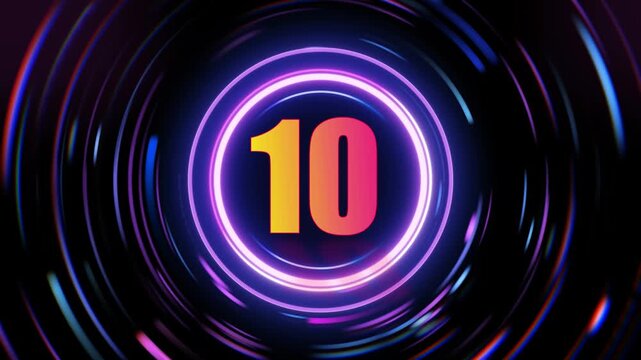 Number ten glows in a vibrant gradient color scheme set against a dark background with circular light trails radiating outwards.