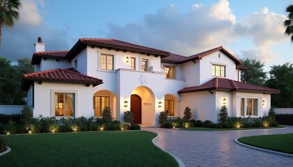 Obraz premium Spacious white stucco residence features Spanish colonial architecture with red tile roof. Arched entry, charming balcony enhance elegant facade. Rich green lawn, garden create inviting curb appeal.