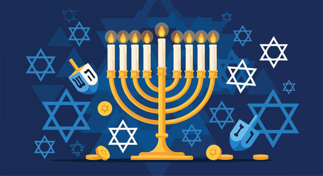 A menorah with lit candles and dreidels on a starry background