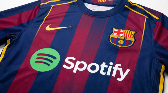 Close-up of FC Barcelona soccer jersey with Nike swoosh, FCB crest, and Spotify sponsor logo. Official football club merchandise showing fabric texture, kit branding, blue and maroon stripes. Barca
