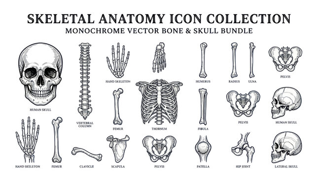 Human skeletal anatomy icon collection with skull and various bones