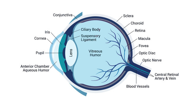Human eye anatomy diagram with detailed parts and labels