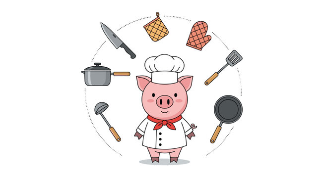 Adorable pink pig wearing a white chef hat and uniform surrounded by various cooking utensils like a pan, pot, ladle, and knife.