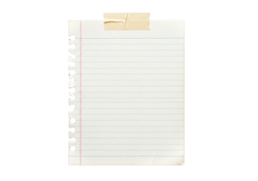 Notebook paper sheet with red margins and tape isolated on transparent background for school stationery