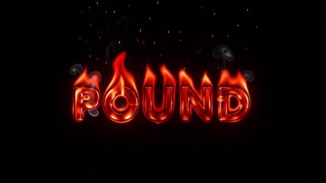 Pound word typography burning with intense bright orange flames and swirling grey smoke motion footage isolated on a pitch black background creating a powerful cinematic visual effect for modern digit