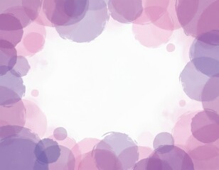 Fototapeta premium Soft abstract purple and pink circle shapes overlap creating a gentle border on white background. Blank space for text useful for cards invitations or banners. Watercolor wash effect.