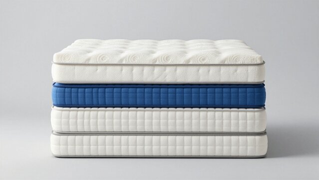 A stack of four different mattresses on a neutral background.