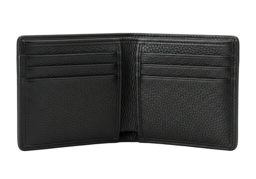 Open empty black leather wallet isolated on transparent background for financial and shopping concepts