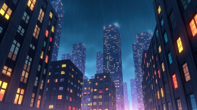 Low angle view of tall city skyscrapers with glowing apartment windows at night in a dark urban area