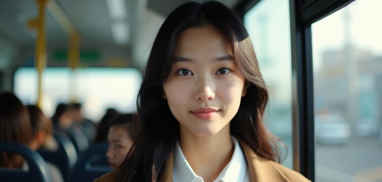 Young Asian woman rides on bus, commute in city. Passenger looks at camera, others blurred in background. Sunlight falls on face, natural beauty.