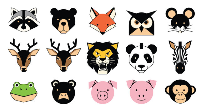Various stylized animal head icons arranged in a grid including a raccoon, bear, fox, owl, mouse, deer, lion, panda, and frog.