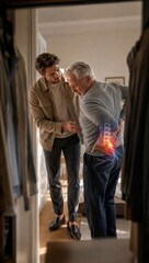 Obraz premium Young man helping senior man with back pain. Caretaker supporting elderly person having spinal injury. Chronic vertebral ache, healthcare assistance, physical therapy, medical exam concept.