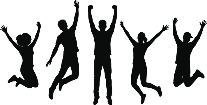 Jumping people silhouettes against a white background dynamic poses