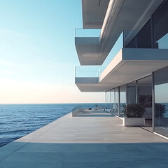 Fototapeta premium Modern Luxury Oceanfront Villa Overlooking a Serene Coastal Landscape at Sunrise.