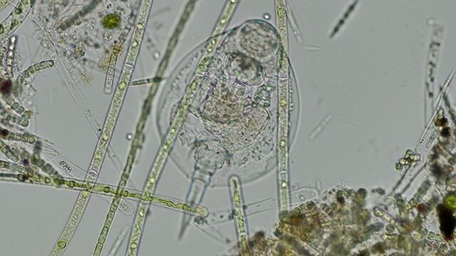 Euchlanis dilatata rotifer at 20x under brightfield