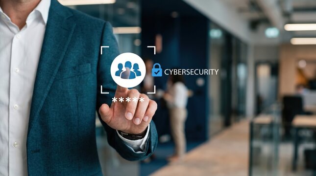 Business man touching virtual cybersecurity login screen with password and user authentication icons in modern office hallway
