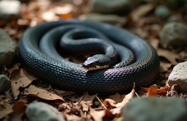 Naklejka premium Black Copper Rat Snake coiled on forest floor, yellow markings visible. Reptile rests among dry leaves and rocks in jungle habitat. Non-venomous serpent wildlife.