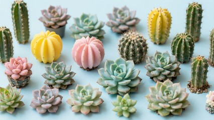 Fototapeta premium Diverse collection of colorful succulents and cacti on a light blue background with soft focus.