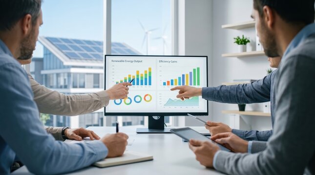 Business team analyzing renewable energy charts on monitor, corporate meeting, sustainability strategy discussion, financial growth graphs, office environment, professional