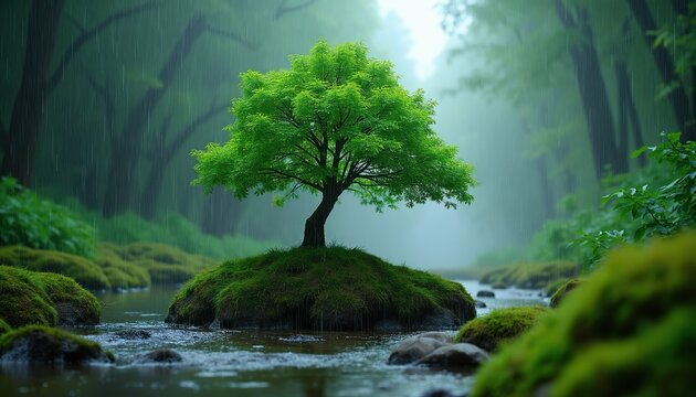 Green tree stands on small island in stream water during rain. Rich forest area shows mossy rocks and wet plants. Foggy atmosphere adds serene mood.