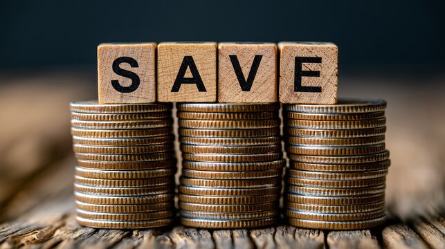 Three stacks of generic coins on a rustic wooden surface with wooden blocks spelling "SAVE" on top, symbolizing financial prudence and investment for a secure future