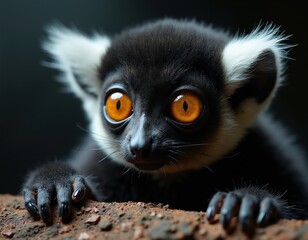 Fototapeta premium Cute black and white lemur with big orange eyes peeks over brown textured surface. Furry primate looks curious and playful in dark jungle setting. Wild animal.