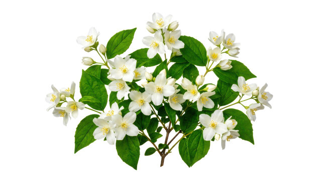 Beautiful white jasmine flowers with green leaves on a small garden bush isolated on transparent background
