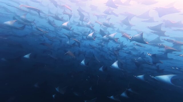 Massive Mobula Rays Swimming Through Blue Ocean
