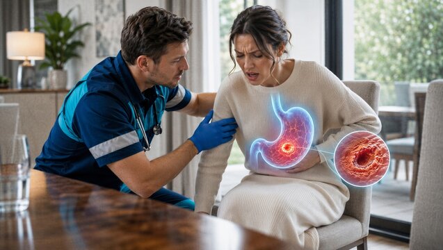 Male paramedic comforting woman suffering from severe stomach pain. Medical inspection of patient with gastric ulcer and digestive system visceral organ inflammation. Healthcare diagnostic concept.
