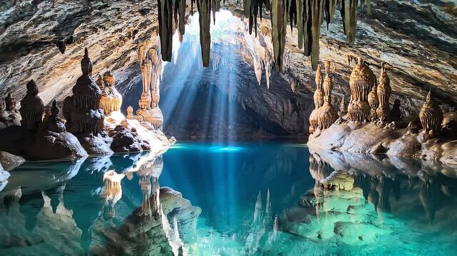 Sunbeams illuminating a crystal clear blue lake inside a cavern