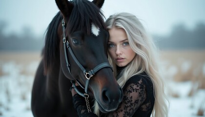 Obraz premium Blonde woman in black dress hugs dark horse in winter field. Gentle connection between girl and animal. Calm winter landscape with snow. Friendship and love.