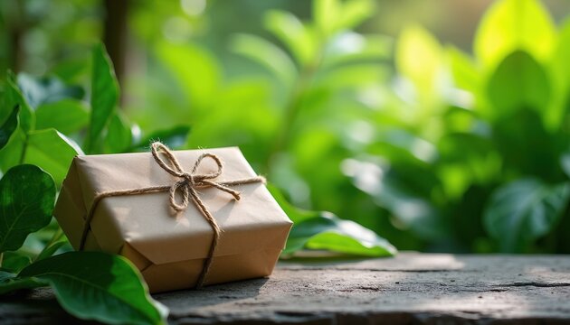 Gift package tied with string on wooden surface. Green leaves and blurred foliage create natural backdrop. Eco friendly present hints at sustainable celebration or thoughtful delivery.