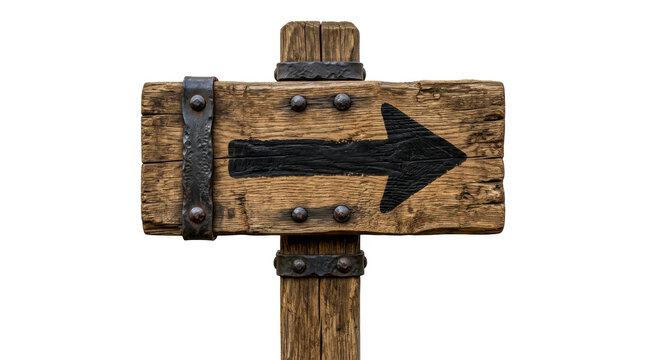 Rustic wooden signpost with a black arrow pointing to the right direction isolated on transparent background