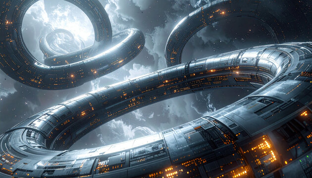Futuristic metallic ring structures with glowing orange lights float in a cloudy, ethereal sky, suggesting advanced technology or a cosmic phenomenon.