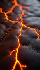 Naklejka premium Dark textured leather surface stitched and cracked with glowing orange lightning veins. Luxury interior material or advanced tech design with vibrant energy.