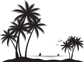 Obraz premium Black silhouette of palm trees on a tropical island sailboats