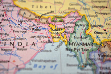 Fototapeta premium Bangladesh Country on Soft Blurred South Asia World Map Background with Defocused Geographic Location View