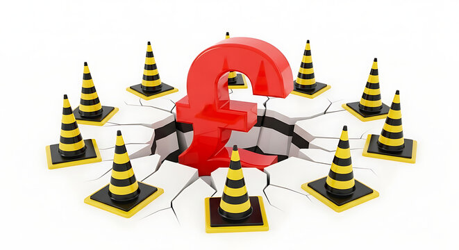 Red british pound currency symbol crashing through cracked ground surface surrounded by traffic cones with currency financial business devaluation recession economic investment collapse