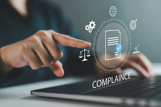 Compliance management and regulatory governance concept with policy adherence, legal requirements, risk control, corporate compliance, audit readiness, regulatory standards, and business governance.