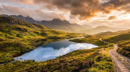 Obraz premium Golden hour light over a serene mountain lake and winding path in the Scottish Highlands.