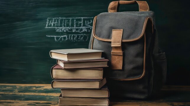 A stack of books and a backpack sit on a green chalkboard. The books are arranged in a pyramid shape, with the largest book at the bottom and the smallest at the top