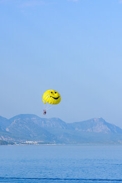 Parasailing at the Mediterranean sea in Turkey. Active and extreme recreation